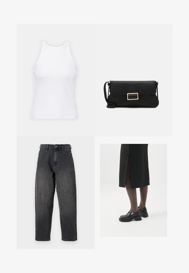 Biela bezrukávová tielko vyrobené z rebrovanej látky, s okrúhlym výstrihom a priliehavým strihom, s minimálnymi švami a bez ozdôb.; Čierne denimové nohavice s uvoľneným strihom, dizajnom s piatimi vreckami a zapínaním na gombík, s vyblednutým povrchom a rovnými nohavicami.; Čierne kožené topánky s okrúhlou špičkou, silným blokovým opätkom a elastickými bočnými akcentmi, skombinované s tmavými pančuchami a čiernou sukňou so štiepením.; Čierna kožená clutch taška s klopou a zlatým kovovým detailom s prackou. Obsahuje čierny remienok a elegantný, minimalistický dizajn.; Strieborné kruhové náušnice s prúteným dizajnom, s lešteným povrchom a zapínaním na kolíček. Majú priemer približne 3 cm.