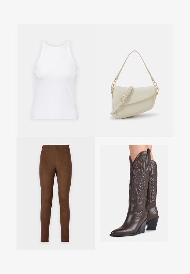 Bela brezrokavna majica iz rebraste tkanine, z zaobljenim izrezom in prilegajočim silhueto, z minimalnimi šivi in brez okraskov.; Rjave legice iz mehkega, usnjatega materiala; prilagojen dizajn, gladka tekstura in elastičen pas za udobje.; Rjave usnjene kavbojske čevlje z ostrim nosom in blok peto, ki vsebujejo podrobno šivanje in dvignjene dodatke na zgornjem delu.; Mala kremna torbica z teksturiranim zaključkom, dolgim nastavljivim trakom, verižnim poudarkom in zapiranjem na poklop. Detajli iz zlatega kovinskega materiala.