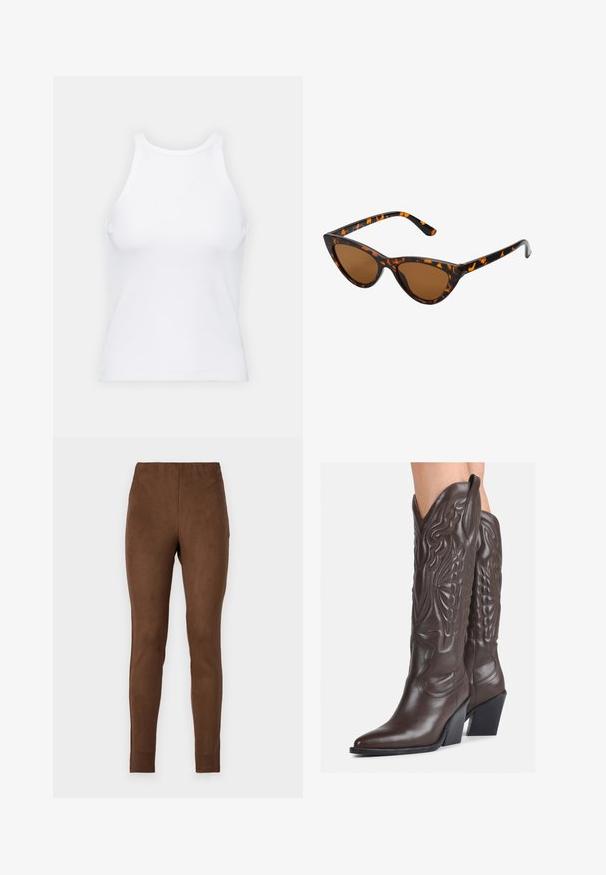 Top de tirantes blanco sin mangas hecho de tela acanalada, con un escote redondeado y una silueta ajustada, con costuras mínimas y sin adornos.; Leggings marrones hechos de un material suave similar al ante; diseño ajustado, textura lisa y cintura elástica para mayor comodidad.; Botas de vaquero de cuero marrón con punta afilada y tacón cuadrado, que presentan costuras detalladas y acentos elevados en el caño.; Gafas de sol estilo ojo de gato con montura de carey negra y naranja, lentes marrones y puntas elegantes y afiladas. Presenta un logo minimalista en la patilla.; Pendientes de aro de plata con diseño retorcido, que presentan un acabado pulido y cierre de presión. Miden aproximadamente 3 cm de diámetro.
