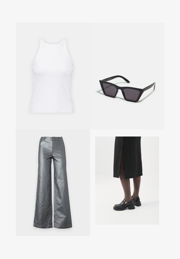 Fehér ujjatlan trikó ribbed anyagból, lekerekített nyakkivágással és testhez simuló siluettel, minimális varrásokkal és díszítések nélkül.; Széles lábú nadrág fényes ezüst fémes szövetből. Elülső zsebekkel, gombos záródással és egyenes szegésekkel rendelkezik. Simább textúra és elegáns dizájn.; Fekete bőr cipők lekerekített orral, vastag blokk sarkakkal és elasztikus oldalsó díszítésekkel, sötét harisnyával és hasítékkal ellátott fekete szoknyával párosítva.; Fekete, szögletes napszemüveg szürke lencsékkel; műanyagból készült, vastag karokkal, sima felülettel és látható hardver nélkül.; Ezüst karika fülbevalók csavart kialakítással, fényes felülettel és fülbevaló tűzáras zárással. Átmérőjük körülbelül 3 cm.