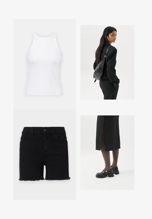 Top senza maniche bianco realizzato in tessuto a coste, caratterizzato da un collo arrotondato e una silhouette aderente, con cuciture minime e senza decorazioni.; Bermuda in denim nero con vita aderente, orlo sfrangiato e design classico a cinque tasche. Il tessuto è liscio con una leggera elasticità.; Scarpe in pelle nera con punta arrotondata, tacco spesso a blocco e accenti laterali in elastico, abbinate a collant scuri e una gonna nera con uno spacco.; Donna con lunghi capelli scuri, vestita con un completo nero, che porta una borsa a tracolla in pelle nera, mentre guarda oltre la spalla su uno sfondo bianco.
