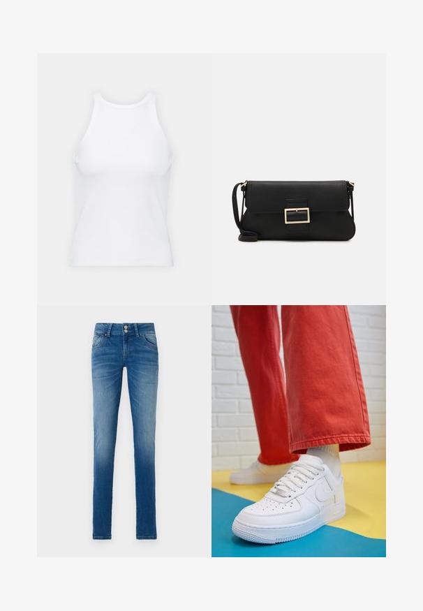 Baltas be rankovių marškinėlis, pagamintas iš išklotinės medžiagos, su apvaliu iškirpimu ir prigludusia siluetu, minimaliais siūlais ir be dekoracijų.; Mėlyni džinsai su nusidėvėjusiu plovimu, pasižymintys klasikinio penkių kišenių dizainu, sagčių uždarymu ir tiesiais kojų kirpimais.; Baltos odinės kedų sportbačiai su perforuotu pirštu, tekstūruota pado dalimi ir baltais raišteliais, derinami su plačiomis raudonomis kelnėmis ir mėlynos bei geltonos spalvų fono kompozicija.; Juodas odinis dėkliukas su atvarteliu ir auksinės metalinės sagties detalėmis. Įeina juodas diržas ir elegantiškas, minimalistinis dizainas.; Aukso auskarai su lygiu, blizgiu paviršiumi. Apvalus dizainas su maža užrakto dalimi ir skaidria atrama saugiam nešiojimui.