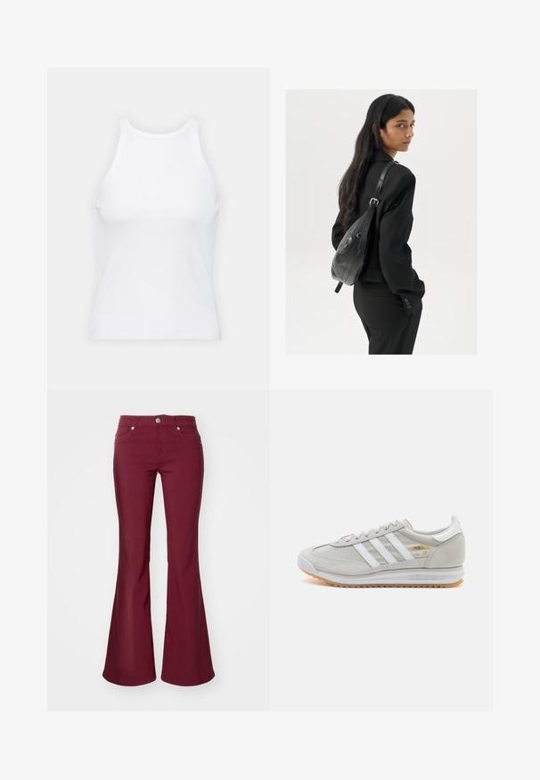 Top alb fără mâneci, confecționat din material ribbed, prezentând un decolteu rotund și o siluetă ajustată, cu cusături minime și fără ornamente.; Jeans burgundii cu croială evazată, cu o textură fină, cinci buzunare și închidere cu buton la talie. Prezintă o talie strânsă și picioare largi.; Tenis light grey din suede și plasă, cu trei dungi albe, vârf rotund și o talpă din cauciuc gumă. Accente de logo aurii lângă șireturi.; Femeie cu păr lung și închis la culoare, îmbrăcată într-un costum negru, purtând o geantă de umăr din piele neagră, privind peste umăr, pe un fundal alb.; Cercei din argint cu un design torsadat, având un finisaj lucios și închidere cu tijă. Au un diametru de aproximativ 3 cm.