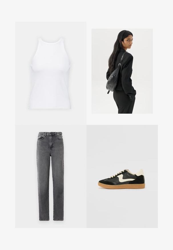 Valkoinen hihaton toppi, joka on valmistettu ribbikankaasta, ja jossa on pyöreä pääntie ja tiukka siluetti, minimaalisin saumoin ja ilman koristeita.; Harjoitetut suorat harmaat farkut korkealla vyötäröllä, edessä nappi ja vetoketju, etu- ja takataskut.; Mustat mokka- ja nahkakengät, joissa on kermaisen valkoinen sivupainatus ja vaalea kermaisine kantapää. Varustettu beigeillä nauhoilla ja kumista valmistetulla ulkopohjalla.; Nainen, jolla on pitkä tumma hius, pukeutuneena mustaan pukuun, kantaa mustaa nahkatoimistolaukku ja katsoo yli olkansa valkoista taustaa vasten.