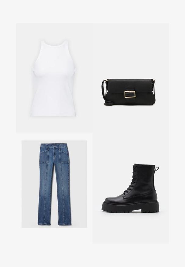 Bijela majica bez rukava napravljena od rebraste tkanine, s okruglim izrezom i uklapajućim siluetom, s minimalnim šavovima i bez ukrasa.; Svijetloplave traperice ravnog kroja s prednjim džepovima, suptilnim šavovima i klasičnim strukom. Oštećen izgled tkanine.; Crne kožne gležnjače s okruglim vrhom, vezanjem sprijeda i debelim gumenim potplatom s teksturiranim uzorkom. Tipa: traka za vuču na stražnjoj strani.; Crna kožna clutch torbica s preklopom i zlatnim metalnim detaljem kopče. Uključuje crnu trakicu i elegantan, minimalistički dizajn.