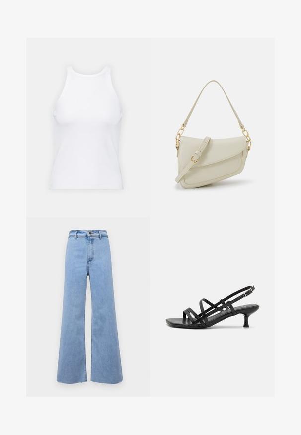 Balta bezpiedurkņu topiņš no ribotā auduma, ar noapaļotu kakla izgriezumu un pieguļošu siluetu, ar minimālām šuvēm un bez rotājumiem.; Gaiši zili platleņķa džinsi ar augstu vidukli, saplēstām malām un priekšējo pogu aizdari. Izgatavoti no džinsa, tie ir ar gludu tekstūru un tīrām līnijām.; Melni papēžu sandales ar vairākiem krustveida siksnām. Gluda materiāla, norādīta purngala un šaura papēža. Regulējama potītes siksna ar sprādzīti.; Maza krēmkrāsas rokas soma ar teksturētu apdari, garu regulējamu siksniņu, ķēdes akcentu un vāciņa aizdari. Zelta aparatūras detaļas.; Zelta auskari ar gludu, spīdīgu apdari. Apaļš dizains, kas ietver mazu tapu un caurspīdīgu pamatni drošai valkāšanai.