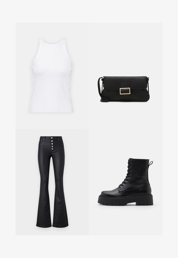 Bílý bezrukávový top vyrobený z ribbed látky, s kulatým výstřihem a přiléhavým střihem, s minimem švů a bez ozdob.; Černé rozšířené kalhoty vyrobené z hladkého, pružného materiálu s vysokým pasem a pěti kovovými knoflíky vpředu. Obsahují dvě boční kapsy.; Černé kožené kotníkové boty s kulatou špičkou, šněrováním na přední straně a silnou gumovou podešví s texturovaným vzorkem. S poutkem vzadu.; Černá kožená psaníčko s klopou a zlatým kovovým detailním sponou. Součástí je černý popruh a elegantní, minimalistický design.