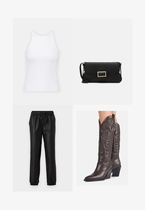 White sleeveless tank top made of ribbed fabric, featuring a rounded neckline and a fitted silhouette, with minimal seams and no embellishments.; Black synthetic joggers with a smooth texture, elastic waistband, and gathered cuffs. Features a drawstring for adjustable fit.; Brown leather cowboy boots with pointed toe and block heel, featuring detailed stitching and raised accents on the shaft.; Black leather clutch bag with a flap and a gold metal buckle detail. Includes a black strap and a sleek, minimalist design.; Silver hoop earrings with a twisted design, featuring a polished finish and post-back closure. Measure approximately 3 cm in diameter.