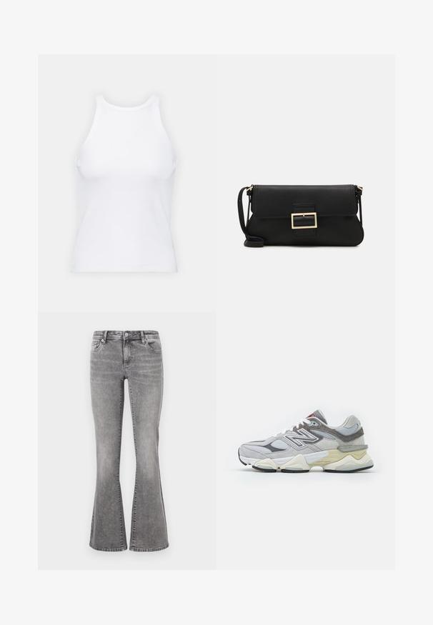 Valge ilma varrukateta T-särk, mis on valmistatud ribakangast, ümarate kaelustega ja kitseneva siluetiga, minimaalse õmbluste ning ilma kaunistusteta.; Hallidehalli laiad teksapüksid hallist denimist, keskmise kõrge vöökohaga, viie taskuga ja pleekinud pesuga. Omab nööbi sulgemist ja vööloopse.; Hallus halli nahast ja võrgust tennisekott, millel on paks valge ja beež tald, silmapaistva valge logoga ja punaste aktsentdetailidega.; Must haben musta nahkklahviga kott, millel on klapp ja kuldne metallist pandla detail. Kaasas must rihm ja stiilne, minimalistlik disain.