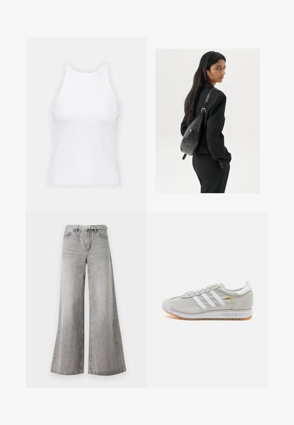 Balta bezpiedurkņu topiņš no ribotā auduma, ar noapaļotu kakla izgriezumu un pieguļošu siluetu, ar minimālām šuvēm un bez rotājumiem.; Platas kāju pelēkas denima bikses ar augsto jostu, kas piedāvā klasisku piecu kabatu dizainu un jostas cilpiņu jostu. Tekstūra audumā.; Gaišpelēka kedas, izgatavotas no zamša un sieta, ar trim baltām svītrām, apaļu purngalu un gumijas zoli. Zelta logo akcenta detaļa blakus auklām.; Sieviete ar garām tumšām matiem, ģērbusies melnā uzvalkā, nēsā melnu ādas plecu somu un skatās pāri plecam uz balta fona.