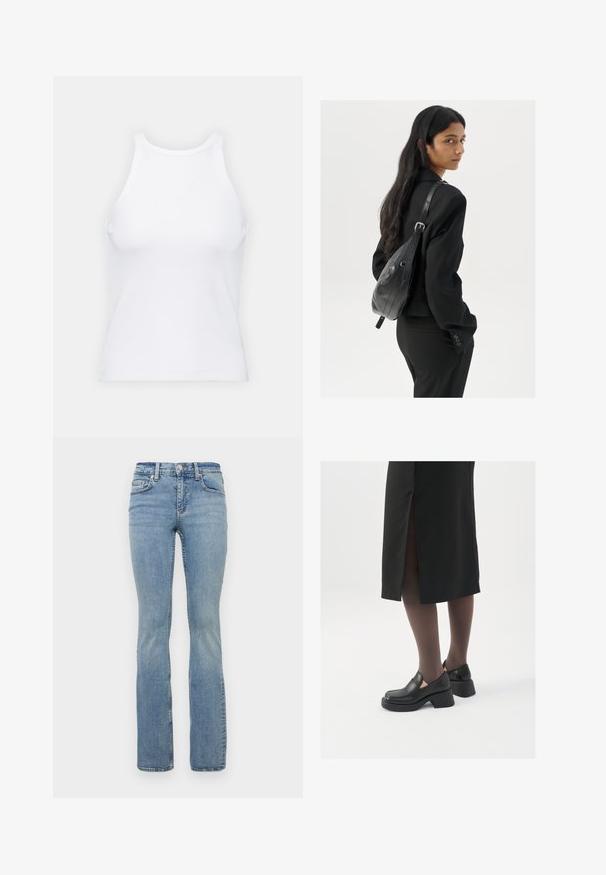 Λευκό μανίκι τοπ χωρίς μανίκια φτιαγμένο από ριμπ ύφασμα, με στρογγυλή λαιμόκοψη και εφαρμοστή σιλουέτα, με ελάχιστες ραφές και χωρίς διακοσμήσεις.; Ανοιχτό μπλε τζιν με φαρδύ κάτω μέρος και μέση μεσαίου ύψους, με σχεδιασμό πέντε τσεπών, θηλιές για ζώνη και διακριτική φθορά στους μηρούς.; Μαύρα δερμάτινα παπούτσια με στρογγυλή μύτη, χοντρό τετράγωνο τακούνι και ελαστικές πλάγιες λεπτομέρειες, συνδυασμένα με σκούρες καλσόν και μια μαύρη φούστα με σχίσιμο.; Γυναίκα με μακριά μαύρα μαλλιά, ντυμένη με μαύρο κοστούμι, κρατώντας μια μαύρη δερμάτινη τσάντα ώμου, κοιτάζοντας πίσω στον φακό, σε λευκό φόντο.