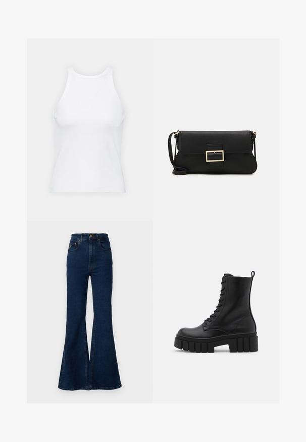 Valkoinen hihaton toppi, joka on valmistettu ribbikankaasta, ja jossa on pyöreä pääntie ja tiukka siluetti, minimaalisin saumoin ja ilman koristeita.; LOIS Jeans PALAS - Bootcut-farkut - stone whiskers; Mustat nahka nilkkurit, joissa on paksut, uritetut pohjat, nauhakiinnitys edessä ja vetotappi sileällä valkoisella taustalla.; Musta nahkainen kynäpenkkilaukku, jossa on läppä ja kultainen metallinen solkiyksityiskohta. Mukana musta hihna ja tyylikäs, minimalistinen muotoilu.; Kultaketjut kullasta, joissa on sileä, kiiltävä pinta. Pyöreä muotoilu, jossa on pieni tappi ja kirkas taustalevy turvalliseen käyttöön.