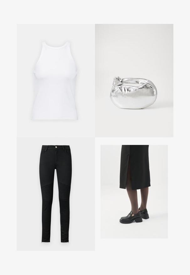 Biela bezrukávová tielko vyrobené z rebrovanej látky, s okrúhlym výstrihom a priliehavým strihom, s minimálnymi švami a bez ozdôb.; Čierne skinny jeans s hladkou denim textúrou, prešívanými akcentmi na kolenách a zipsovými manžetami pre priliehavý dizajn.; Čierne kožené topánky s okrúhlou špičkou, silným blokovým opätkom a elastickými bočnými akcentmi, skombinované s tmavými pančuchami a čiernou sukňou so štiepením.; Strieborná metalická taška s mäkkým, zaobleným tvarom a uzáverom s uzlíkom. Vyrobená z hladkej syntetickej kože.; Strieborné kruhové náušnice s minimalistickým dizajnom. Cirkulárny tvar, hladký povrch a tenký profil. Ľahké s lesklým povrchom.