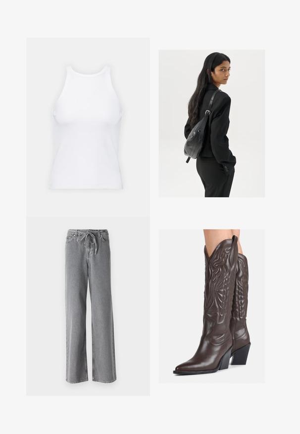Valkoinen hihaton toppi, joka on valmistettu ribbikankaasta, ja jossa on pyöreä pääntie ja tiukka siluetti, minimaalisin saumoin ja ilman koristeita.; Harmaat leveät farkut, jotka on valmistettu denimistä, varustettu kiristysnauhavyöllä ja kahdella etutaskulla. Kankaan pinta on pehmeä, hieman haalistunut.; Ruske nahkasaappaat, joissa on terävä kärki ja laatikkokorko, varustettu yksityiskohtaisella ompelulla ja kohotetuilla yksityiskohdilla varsiosassa.; Nainen, jolla on pitkä tumma hius, pukeutuneena mustaan pukuun, kantaa mustaa nahkatoimistolaukku ja katsoo yli olkansa valkoista taustaa vasten.