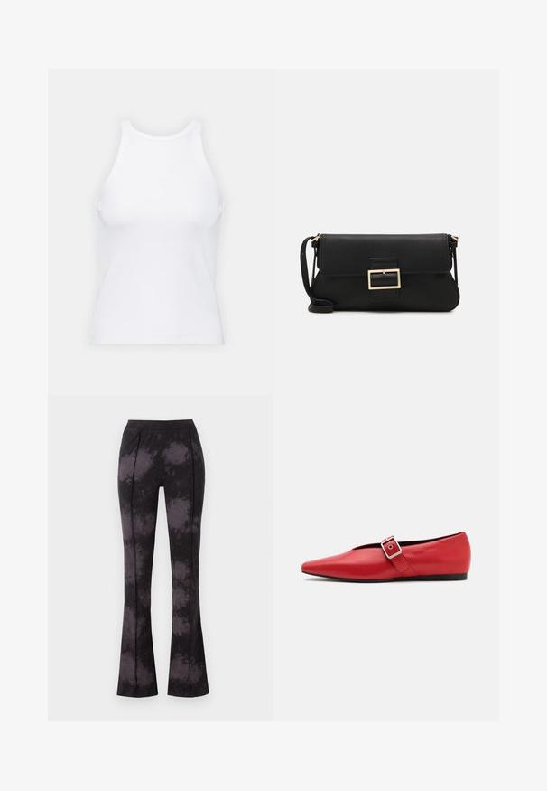 Bijela majica bez rukava napravljena od rebraste tkanine, s okruglim izrezom i uklapajućim siluetom, s minimalnim šavovima i bez ukrasa.; Crne hlače s olupinom s diskretnim tie-dye uzorkom u tamnosivim tonovima, izrađene od mekog materijala s glatkom teksturom i elastičnom gumicom.; Crvene kožne ravne cipele sa špicastim vrhom, koje imaju bočnu traku s metalnom kopčom i nizak crni potplat. Glatka tekstura kroz cijelu cipelu.; Crna kožna clutch torbica s preklopom i zlatnim metalnim detaljem kopče. Uključuje crnu trakicu i elegantan, minimalistički dizajn.; Zlatne metalne naušnice s elegantnim, zakrivljenim dizajnom. Imaju karakterističan šiljast oblik, poliranu površinu i zatvaranje na šarku.