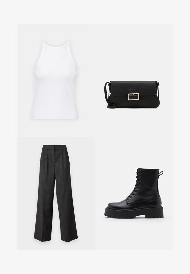Fehér ujjatlan trikó ribbed anyagból, lekerekített nyakkivágással és testhez simuló siluettel, minimális varrásokkal és díszítések nélkül.; Sötét szürke, magas derékú, bő szárú nadrág vékony függőleges csíkokkal. Állítható megjelenés, puha tapintás. Ráncolt elülső rész.; Fekete bőr bokacsizma, kerek orral, fűzős elülső résszel és vastag, texturált gumitalppal. Húzófül hátul.; Fekete bőr kézitáska hajtóka részlettel és aranyszínű fém csattal. Tartalmaz egy fekete pántot és egy letisztult, minimális dizájnt.