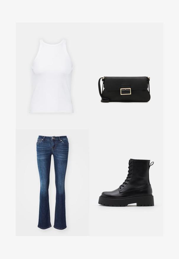 Valkoinen hihaton toppi, joka on valmistettu ribbikankaasta, ja jossa on pyöreä pääntie ja tiukka siluetti, minimaalisin saumoin ja ilman koristeita.; Tummansiniset levenevät farkut, jotka on valmistettu denimestä. Ominaisuuksiin kuuluu viisi taskua, vetoketjukiinnitys napilla ja hieno haalistuminen etureisissä.; Musta nahkainen nilkkureita, joissa on pyöreä kärki, nauhakiinnitys edessä ja paksu kumipohja, jossa on teksturoitu pinta. Takana vetotappi.; Musta nahkainen kynäpenkkilaukku, jossa on läppä ja kultainen metallinen solkiyksityiskohta. Mukana musta hihna ja tyylikäs, minimalistinen muotoilu.; Kultaketjut kullasta, joissa on sileä, kiiltävä pinta. Pyöreä muotoilu, jossa on pieni tappi ja kirkas taustalevy turvalliseen käyttöön.