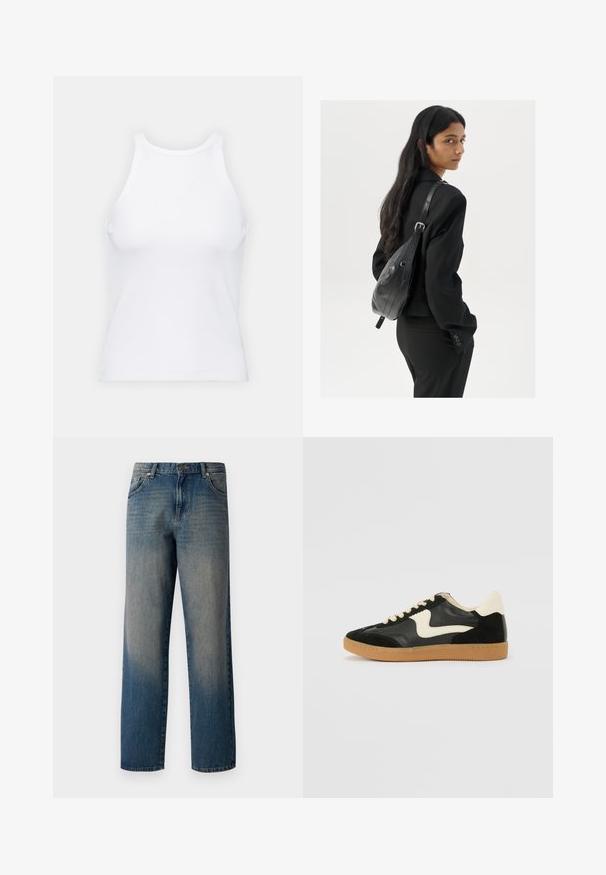 Baltas be rankovių marškinėlis, pagamintas iš išklotinės medžiagos, su apvaliu iškirpimu ir prigludusia siluetu, minimaliais siūlais ir be dekoracijų.; Mėlyni džinsai su tiesios kojos dizainu, turintys nykimo efektą nuo tamsios iki šviesios, penkių kišenių stilių ir sagčių užsegimą liemenyje.; Juodos zomšo ir odos sportinės bateliai su kreminiu šoniniu swoosh ir šviesiai kreminiu kulnu. Ypatybės - smėlio spalvos raišteliai ir guminis padas.; Moteris su ilgais tamsiais plaukais, vilkinti juodą kostiumą, nešanti juodą odinę rankinę per petį, žvelgia per petį prieš balto fono.