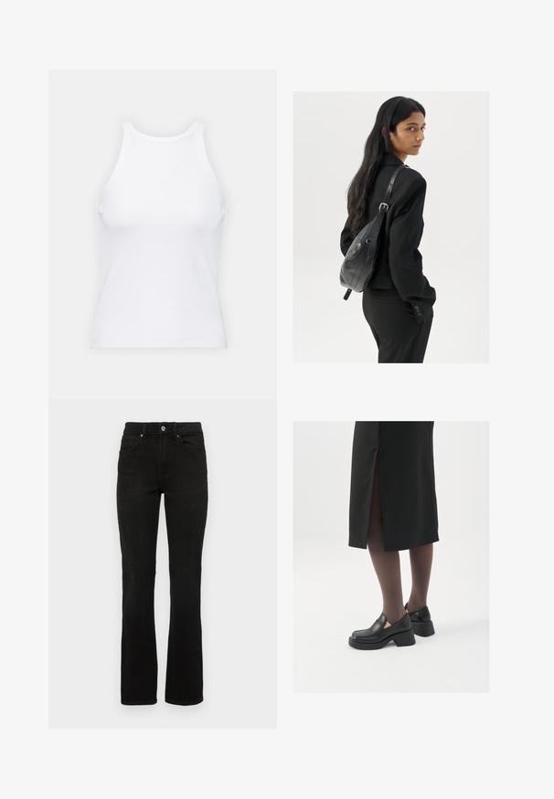 Débardeur blanc sans manches en tissu côtelé, doté d'un col rond et d'une silhouette ajustée, avec des coutures minimales et sans ornements.; Jean en denim noir avec un design à jambes évasées, taille mi-haute, cinq poches et une fermeture à bouton. Le matériau a une texture lisse et résistante.; Chaussures noires en cuir avec un bout arrondi, un épais talon bloc et des accents latéraux élastiques, associées à des bas foncés et une jupe noire avec une fente.; Femme avec de longs cheveux foncés portant un costume noir, portant un sac à épaule en cuir noir, regardant par-dessus son épaule contre un fond blanc.