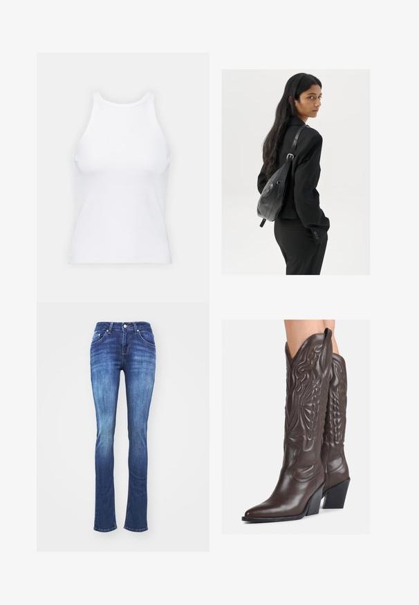 Balta bezpiedurkņu topiņš no ribotā auduma, ar noapaļotu kakla izgriezumu un pieguļošu siluetu, ar minimālām šuvēm un bez rotājumiem.; Tumši zilie džinsi ar izbalējušu dizainu, taisni kājiņi, piecas kabatas un ar rāvējslēdzēju. Šuves un kabatu apdare ar izšuvumiem.; Brūni ādas kovboju zābaki ar norādītu purngalu un blokveida papēdi, ar detalizētu šūšanu un paceltiem akcentiem uz kājas daļas.; Sieviete ar garām tumšām matiem, ģērbusies melnā uzvalkā, nēsā melnu ādas plecu somu un skatās pāri plecam uz balta fona.; Zelta auskari ar gludu, spīdīgu apdari. Apaļš dizains, kas ietver mazu tapu un caurspīdīgu pamatni drošai valkāšanai.