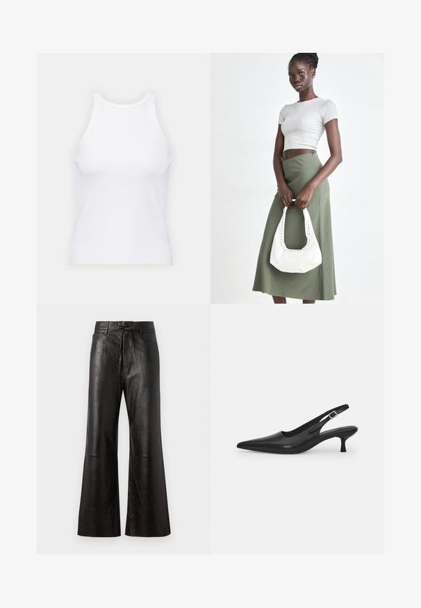 Baltas be rankovių marškinėlis, pagamintas iš išklotinės medžiagos, su apvaliu iškirpimu ir prigludusia siluetu, minimaliais siūlais ir be dekoracijų.; Juodos odinės kelnės su plačiu kojų dizainu, lygia priekiu ir su surištuku juosmens. Yra detalizuota siuvinėtė ir minimalistinis stilius.; Juodos odinės slingback bateliai su smailiu nosiu ir plonu, lenktu kulnu. Yra diskretiška reguliuojama juostelė su metaliniu sagtimi.; Pilka juostuota trumpa palaidinė ir alyvuogių žalios spalvos aukšto liemens sijonas. Modelis laiko baltą petį krepšį su išpjovomis. Paprastas dizainas, prigludusi siluetas.