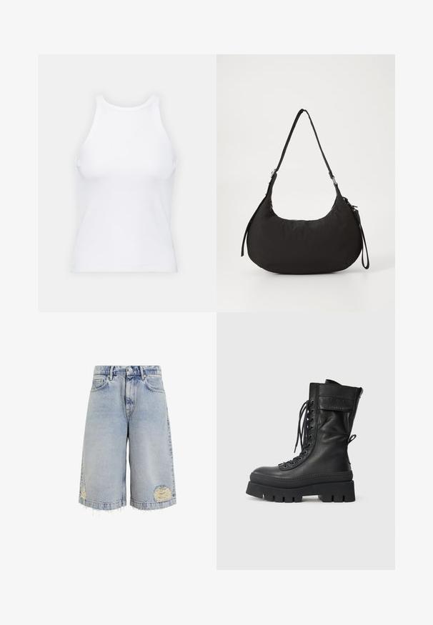 Vit ärmlös linne av ribbat tyg, med rundad halsringning och smal silhuett, med minimala sömmar och utan dekorationer.; Ljusblå denimshorts med en vid skärning, fransad fåll och slitna områden med synliga sömmar. Klassisk femficksdesign.; Svart läderkampanjkänga med hög skaft, snörning fram, texturerade detaljer, tjock sula och sydda accenter. Har en bakre dragvimpel.; Svart nylonaxelväska med rundad form, justerbar rem, dragkedjestängning och en subtil glans. Har en minimalistisk design och lätt vikt.; Silver ring med en slät, böjd design och en stjärndetalj. Modell som bär en grön sweatshirt med gul text, händerna nära halsen.
