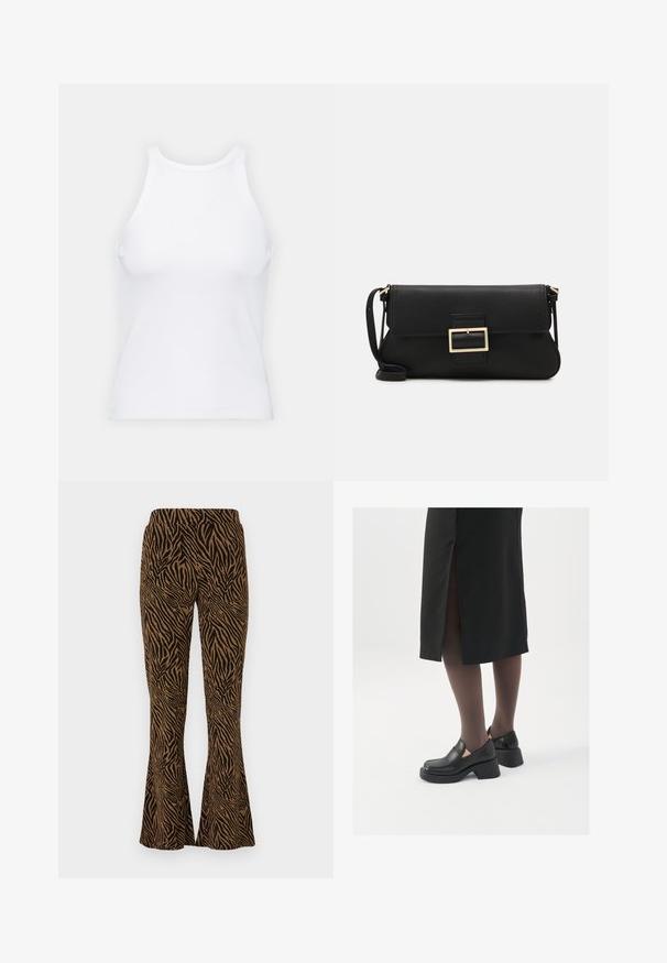 Valkoinen hihaton toppi, joka on valmistettu ribbikankaasta, ja jossa on pyöreä pääntie ja tiukka siluetti, minimaalisin saumoin ja ilman koristeita.; Housut, joissa on musta ja kultainen seepra kuvio, valmistettu tekstuurilla varustetusta materiaalista. Ominaisuuksina joustava vyötärö ja lahkeet ulottuvat nilkkaan.; Mustat nahkakengät pyöreällä kärjellä, paksulla lohkopohjalla ja joustavilla sivuakkesseilla, yhdistettynä tummiin sukkahousuihin ja mustaan hameeseen, jossa on halkio.; Musta nahkainen kynäpenkkilaukku, jossa on läppä ja kultainen metallinen solkiyksityiskohta. Mukana musta hihna ja tyylikäs, minimalistinen muotoilu.; Kultaketjut kullasta, joissa on sileä, kiiltävä pinta. Pyöreä muotoilu, jossa on pieni tappi ja kirkas taustalevy turvalliseen käyttöön.