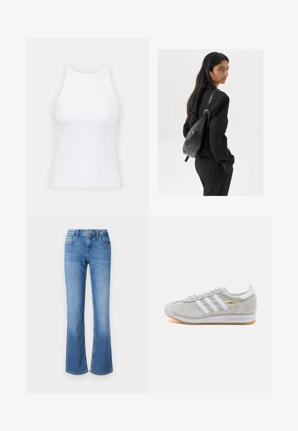 White sleeveless tank top made of ribbed fabric, featuring a rounded neckline and a fitted silhouette, with minimal seams and no embellishments.; Light blue flared jeans with a high waist, five pockets, and subtle fading. Made of denim with exposed stitching and a button fly.; Light grey sneaker made of suede and mesh, featuring three white stripes, round toe, and a gum rubber sole. Gold logo accent near laces.; Woman with long dark hair wearing a black suit, carrying a black leather shoulder bag, looking over her shoulder against a white background.