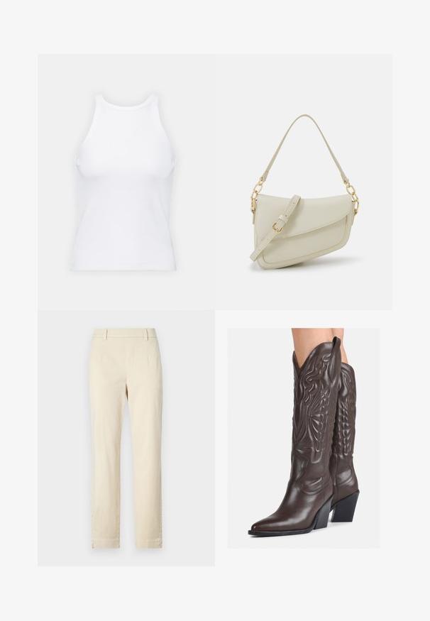 Débardeur blanc sans manches en tissu côtelé, doté d'un col rond et d'une silhouette ajustée, avec des coutures minimales et sans ornements.; Pantalons en coton beige avec un design à jambe droite, devant plat et des détails de couture subtils. Pas de poches visibles ni de matériel.; Bottes de cowboy en cuir marron avec un bout pointu et un talon bloc, présentant des coutures détaillées et des accents en relief sur la tige.; Petit sac à main crème avec une finition texturée, une longue sangle réglable, un accent en chaîne et une fermeture à rabat. Détails en matériel doré.