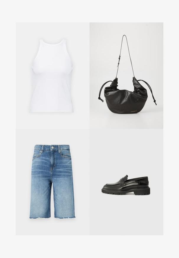 Baltas be rankovių marškinėlis, pagamintas iš išklotinės medžiagos, su apvaliu iškirpimu ir prigludusia siluetu, minimaliais siūlais ir be dekoracijų.; Šviesiai mėlyni džinsiniai šortai su išblukusiu paviršiumi, penkių kišenių dizainu, nebaigta apačia ir kontrastinėmis siuvimo detalėmis.; Juoda oda, slip-on tipo batai su apvaliu kojų pirštų dizainu, storu tekstūruotu padu ir subtiliomis siūlėmis. Yra mažas logotipas ant nugaros.; Juodas minkštas odinis peties krepšys su reguliuojama plona juosta, surinktomis šoninėmis, surištomis mazgais, ir mažas auksinis logotipas dešiniajame apatinio kampe.