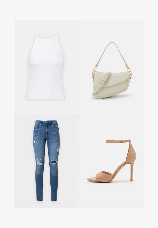 Top de tirantes blanco sin mangas hecho de tela acanalada, con un escote redondeado y una silueta ajustada, con costuras mínimas y sin adornos.; Jeans ajustados en denim azul medio con detalles desgastados, dobladillos deshilachados y bolsillos frontales. Cuenta con un cierre de cremallera y botón.; ALDO CRERIDE PILLOW WALK - Sandalias - beige; Pequeño bolso de mano crema con un acabado texturizado, una correa larga y ajustable, un acento de cadena y cierre de solapa. Detalles en hardware dorado.; Aretes de aro de oro con un acabado suave y brillante. Diseño circular que presenta un pequeño post y un respaldo transparente para un uso seguro.