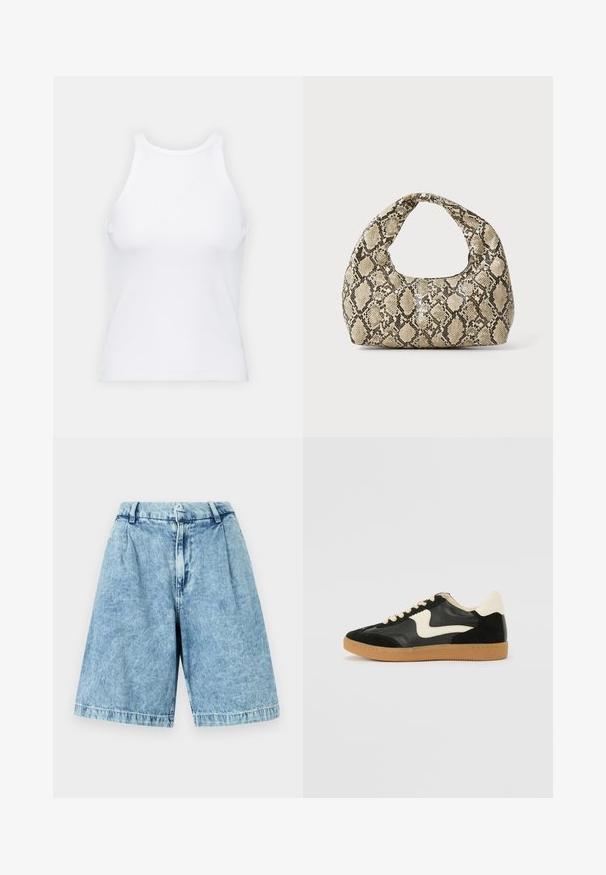 Hvid ærmeløs tanktop lavet af ribbet stof, med en rund halsudskæring og en tætsiddende silhuet, med minimale sømme og ingen pynt.; Lys blå denimshorts med en afslappet pasform, der har en frontlynlås, bæltestropper og en subtil falmet tekstur. Afsluttede kanter fuldender designet.; Sorte ruskinds- og lædersneakers med en cremefarvet side-swoosh og lys cremefarvet hæl. Har beige snørebånd og en gummirubber-sål.; Slangeprint håndtaske med et buet håndtag. Lavet af strukturerede, beige og brune materialer, med et karakteristisk diamantmønster.