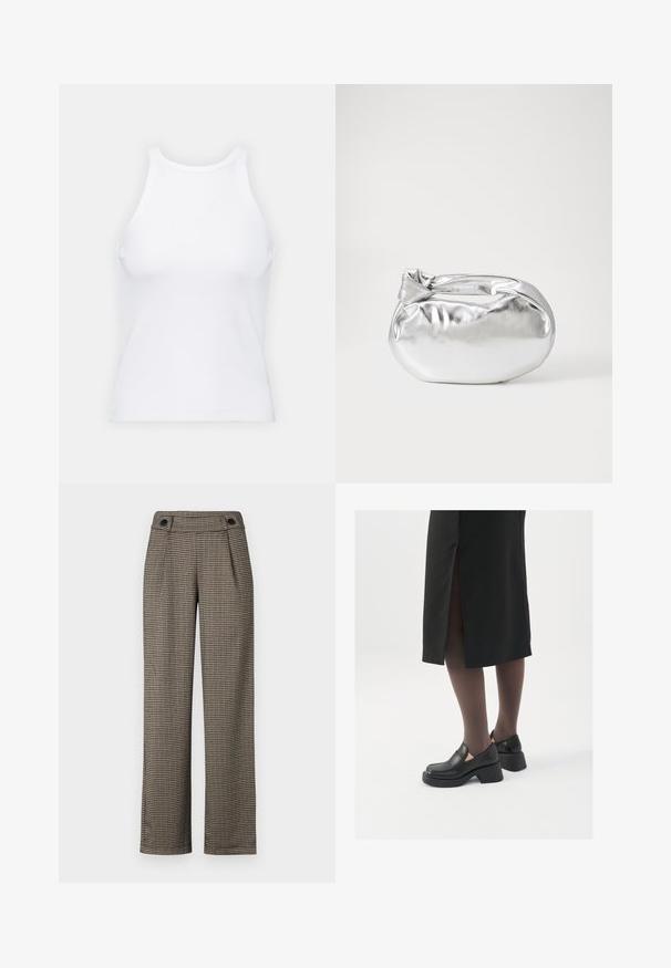 White sleeveless tank top made of ribbed fabric, featuring a rounded neckline and a fitted silhouette, with minimal seams and no embellishments.; Brown check-patterned trousers with a high waist, featuring side pleats and black button accents. Made from a textured woven fabric.; Black leather shoes with a rounded toe, thick block heel, and elastic side accents, paired with dark tights and a black skirt with a slit.; Silver metallic pouch bag with a soft, rounded shape and a knotted top closure. Made from smooth faux leather material.; Silver hoop earrings with a minimalist design. Circular shape, smooth texture, and thin profile. Lightweight with a polished finish.