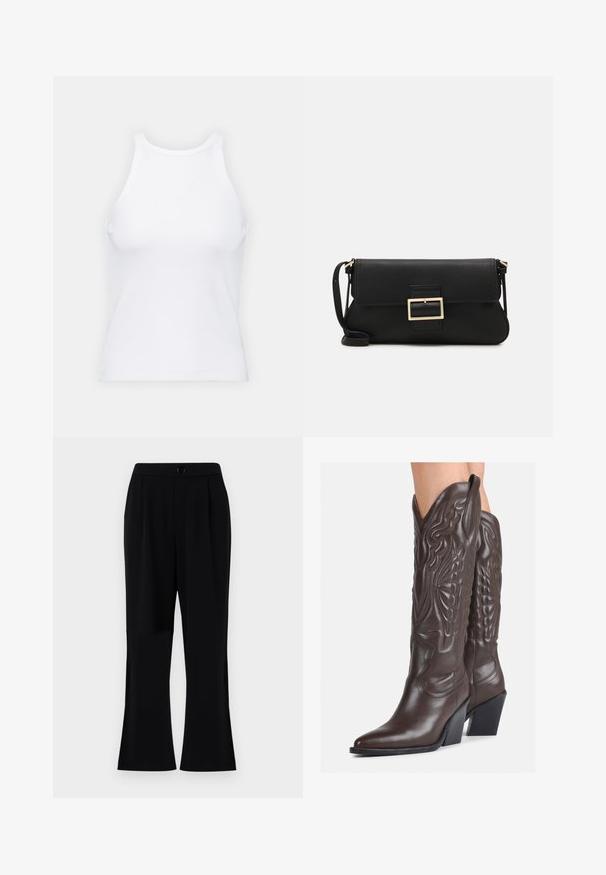 White sleeveless tank top made of ribbed fabric, featuring a rounded neckline and a fitted silhouette, with minimal seams and no embellishments.; Black trousers featuring a smooth texture, flared legs, and a waistband with a button closure. Machine washable, designed for comfort and versatility.; Brown leather cowboy boots with pointed toe and block heel, featuring detailed stitching and raised accents on the shaft.; Black leather clutch bag with a flap and a gold metal buckle detail. Includes a black strap and a sleek, minimalist design.; Silver hoop earrings with a twisted design, featuring a polished finish and post-back closure. Measure approximately 3 cm in diameter.
