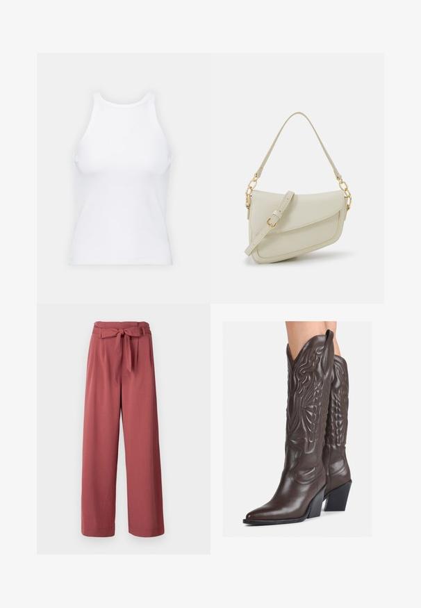 Top alb fără mâneci, confecționat din material ribbed, prezentând un decolteu rotund și o siluetă ajustată, cu cusături minime și fără ornamente.; Pantaloni cu picior larg, de culoare roz prăfuit, dintr-un material moale, cu un brâu legat în talie și buzunare laterale.; Bocanci de cowboy din piele maro, cu vârf ascuțit și toc pătrat, având cusături detaliate și accente ridicate pe tijă.; Geantă mică de crem cu un finisaj texturat, curea lungă și ajustabilă, accent cu lanț și închidere cu clapetă. Detalii din hardware aurie.