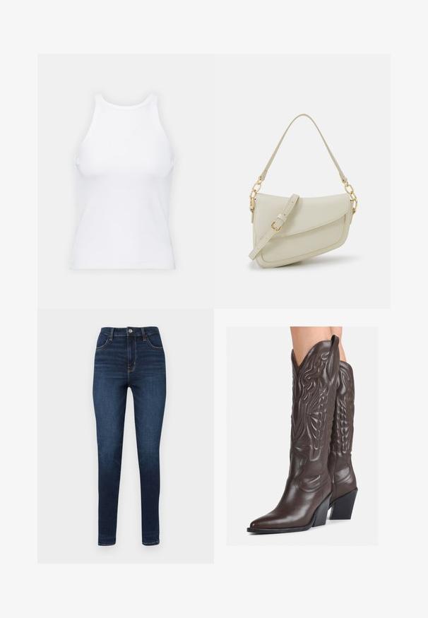 Balta bezpiedurkņu topiņš no ribotā auduma, ar noapaļotu kakla izgriezumu un pieguļošu siluetu, ar minimālām šuvēm un bez rotājumiem.; Tumši zili augstās jostasvietas džinsi ar pieguļošu siluetu, piecām kabatām un kontrastējošām oranžām šuvju detaļām.; Brūni ādas kovboju zābaki ar norādītu purngalu un blokveida papēdi, ar detalizētu šūšanu un paceltiem akcentiem uz kājas daļas.; Maza krēmkrāsas rokas soma ar teksturētu apdari, garu regulējamu siksniņu, ķēdes akcentu un vāciņa aizdari. Zelta aparatūras detaļas.