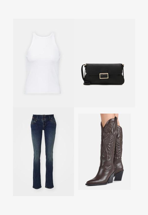Vit ärmlös linne av ribbat tyg, med rundad halsringning och smal silhuett, med minimala sömmar och utan dekorationer.; Mörkblå jeans med slim fit, som har en dubbelknäppning i midjan, fem fickor och en lätt urtvättad textur på låren.; Bruna lädercowboystövlar med spetsig tå och klossklack, med detaljerad sömnad och upphöjda accenter på skaftet.; Svart läderkuvertväska med en klaff och detalj i guldmetallspänne. Innehåller en svart rem och en elegant, minimalistisk design.; Guldiga hoopsörhängen, tunna och runda i formen, med en slät metallisk finish utan utsmyckningar eller mönster.