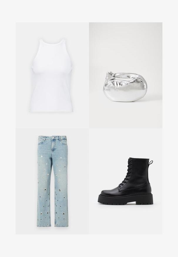 Valkoinen hihaton toppi, joka on valmistettu ribbikankaasta, ja jossa on pyöreä pääntie ja tiukka siluetti, minimaalisin saumoin ja ilman koristeita.; Vaaleansiniset farkut, joissa on leveät lahkeet ja useita pyöreitä metallikoloja ympäri. Klassinen viiden taskun malli.; Musta nahkainen nilkkureita, joissa on pyöreä kärki, nauhakiinnitys edessä ja paksu kumipohja, jossa on teksturoitu pinta. Takana vetotappi.; Hopeapintainen metallinen pussilaukku, jolla on pehmeä, pyöreä muoto ja solmittava yläosa. Valmistettu sileästä tekonahkamateriaalista.; Hopehope hopeilla, joissa on minimalistinen muotoilu. Pyöreä muoto, sileä pinta ja ohut profiili. Kevyet ja kiillotetut.