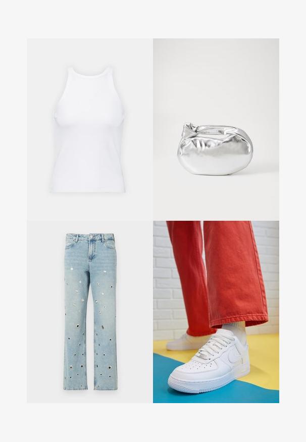 Biela bezrukávová tielko vyrobené z rebrovanej látky, s okrúhlym výstrihom a priliehavým strihom, s minimálnymi švami a bez ozdôb.; Svetlomodré denimové džínsy so širokými nohavicami, s množstvom oblečených kovových okrúhlych priechodkami. Klasický dizajn s piatimi vreckami.; Biele kožené tenisky s perforovanou špičkou, textúrovanou podrážkou a bielymi šnúrkami, spárované so širokými červenými nohavicami na modrom a žltom pozadí.; Strieborná metalická taška s mäkkým, zaobleným tvarom a uzáverom s uzlíkom. Vyrobená z hladkej syntetickej kože.; Strieborné kruhové náušnice s minimalistickým dizajnom. Cirkulárny tvar, hladký povrch a tenký profil. Ľahké s lesklým povrchom.