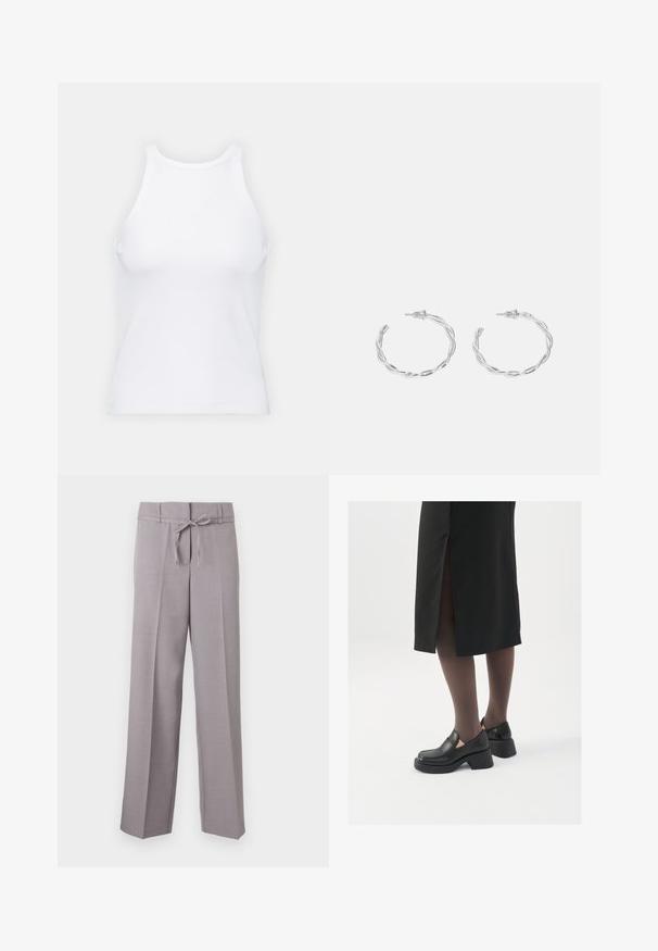 White sleeveless tank top made of ribbed fabric, featuring a rounded neckline and a fitted silhouette, with minimal seams and no embellishments.; Light grey, wide-leg trousers with a soft texture, featuring a drawstring waistband and pressed pleats for a structured fit.; Black leather shoes with a rounded toe, thick block heel, and elastic side accents, paired with dark tights and a black skirt with a slit.; Silver hoop earrings with a twisted design, featuring a polished finish and post-back closure. Measure approximately 3 cm in diameter.