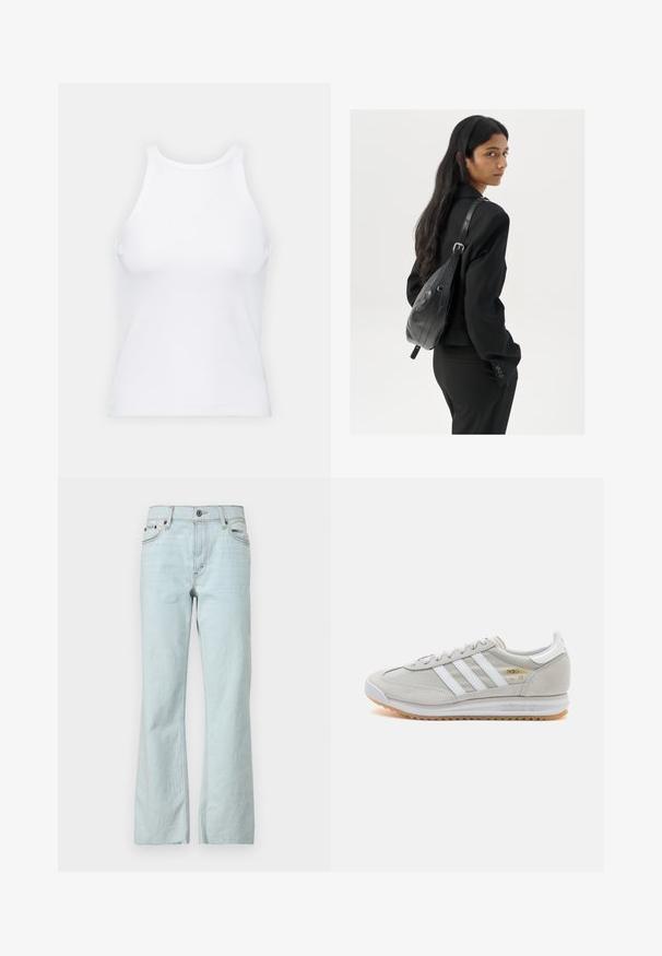 Top desportivo sem mangas, de cor branca, feito de tecido canelado, com decote arredondado e silhueta justa, apresentando costuras mínimas e sem adornos.; Calças de ganga de corte à boca de sino em azul claro, com fecho de botão, design de cinco bolsos e desvanecimento subtil no tecido. Costuras limpas e minimalistas.; Sapatilha cinza clara feita de camurça e malha, com três riscas brancas, bico redondo e sola de borracha de goma. Detalhe do logótipo dourado junto aos atacadores.; Mulher com cabelo longo e escuro, vestindo um fato preto, carregando uma mala de ombro em pele preta, olhando por cima do ombro contra um fundo branco.