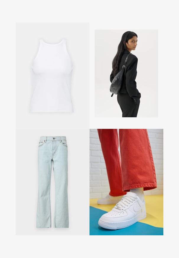 Biała bezrękawnikowa koszulka wykonana z prążkowanej tkaniny, z okrągłym dekoltem i dopasowanym krojem, o minimalnych szwach i bez ozdób.; Jasnoniebieskie dżinsy z dzwonowatym krojem, zapięcie na guziki, pięć kieszeni oraz delikatne wyblaknięcia na materiale. Czyste, minimalistyczne akcenty w przeszyciach.; Białe skórzane sneakersy z perforowanym czubkiem, teksturowaną podeszwą i białymi sznurowadłami, w połączeniu z szerokimi czerwonymi spodniami na niebiesko-żółtym tle.; Kobieta z długimi ciemnymi włosami, ubrana w czarny garnitur, trzymająca czarną skórzaną torbę na ramię, spoglądająca przez ramię na białym tle.