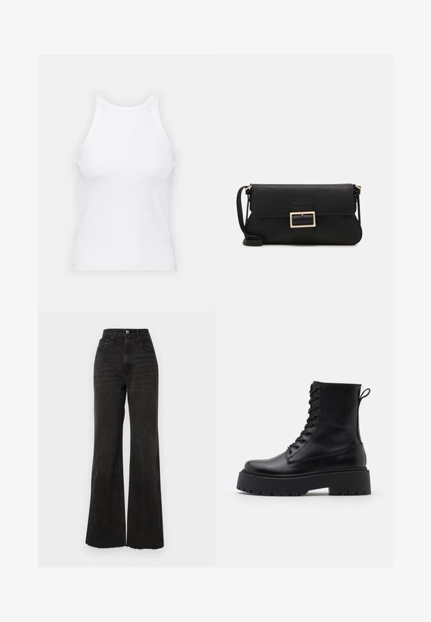Bela brezrokavna majica iz rebraste tkanine, z zaobljenim izrezom in prilegajočim silhueto, z minimalnimi šivi in brez okraskov.; Visoko pasovi črni široki kavbojke iz denima. Imajo sprednje zapiranje na gumb, pet žepov in neobdelan rob na hlačnicah.; Črne usnjene gležnjarje z okroglo konico, vezalnim sprednjim delom in debelim gumijastim podplatom z teksturiranim profilom. Zanka na hrbtni strani.; Črna usnjena torbica na preklop z zlato kovinsko zaponko. Vključuje črn trak in eleganten, minimalističen dizajn.; Srebrne uhane v obliki obroča z minimalističnim dizajnom. Krožna oblika, gladka tekstura in tanek profil. Lahki s poliranim zaključkom.