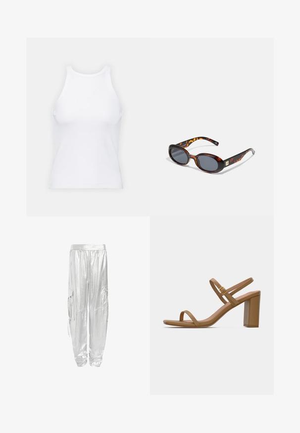 Weißes ärmelloses Tanktop aus geripptem Stoff, mit rundem Ausschnitt und figurbetonter Silhouette, minimalen Nähten und ohne Verzierungen.; Silberne Cargo-Hosen mit glänzender, metallischer Oberfläche. Entworfen mit einem elastischen Bund und zwei Seitentaschen für Funktionalität.; Hellbraune Sandalen mit Absatz, die zwei schlanke Riemen und einen quadratischen Blockabsatz haben. Glattes Material mit minimalistischem Design und einem kleinen goldenen Schnallendetail.; Braune Schildpatt-Sonnenbrille mit ovalen Gläsern und dunkelgrauem Verlauf. Mit einem goldfarbenen Akzent an den Bügeln. Glatte Kunststoffoberfläche.