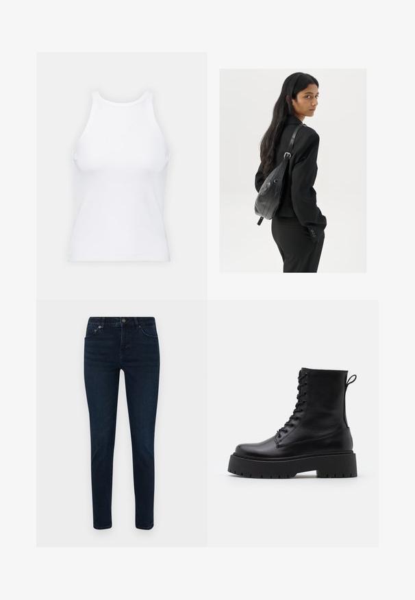 Fehér ujjatlan trikó ribbed anyagból, lekerekített nyakkivágással és testhez simuló siluettel, minimális varrásokkal és díszítések nélkül.; Sötét mosású farmernadrág slim fazonnal, öt zsebes kialakítással, gombos cipzárral és diszkrét varrási részletekkel. Finom textúra az egész anyagon.; Fekete bőr bokacsizma, kerek orral, fűzős elülső résszel és vastag, texturált gumitalppal. Húzófül hátul.; Hosszú, sötét hajú nő fekete öltönyben, fekete bőrtáskával a vállán, a vállán át néz a fehér háttér előtt.