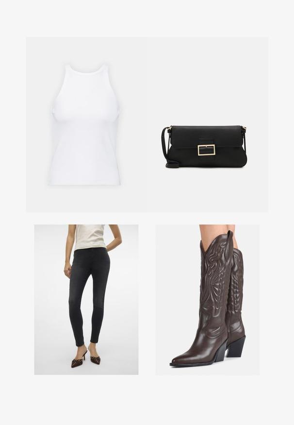 Valge ilma varrukateta T-särk, mis on valmistatud ribakangast, ümarate kaelustega ja kitseneva siluetiga, minimaalse õmbluste ning ilma kaunistusteta.; Mustad mustad teksad sujuva tekstuuriga, kõrge vöökoht ja slim fit. Kanda pruune plätusid, millel on dekoratiivne pael ja nupud.; Pruunid nahast cowboy saapad terava varbaga ja plokk-kandaga, millel on detailne tikand ja kergelt tõstetud aktsendid varrel.; Must haben musta nahkklahviga kott, millel on klapp ja kuldne metallist pandla detail. Kaasas must rihm ja stiilne, minimalistlik disain.; Hõbedased rõngaskõrvarõngad keerutatud disainiga, millel on poleeritud viimistlus ja posti-tagune sulgemine. Diameeter umbes 3 cm.