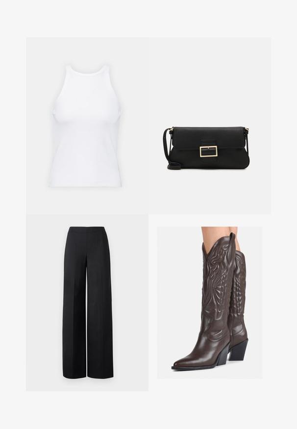 Fehér ujjatlan trikó ribbed anyagból, lekerekített nyakkivágással és testhez simuló siluettel, minimális varrásokkal és díszítések nélkül.; Fekete, bő szárú nadrág sima anyagból. Magas derékkal és tiszta, egyenes vonalakkal rendelkezik, látható zsebek vagy díszítések nélkül.; Barna bőr cowboy csizmák hegyes orral és blokk sarkal, részletes varrással és kiemelkedő díszítésekkel a szárán.; Fekete bőr kézitáska hajtóka részlettel és aranyszínű fém csattal. Tartalmaz egy fekete pántot és egy letisztult, minimális dizájnt.