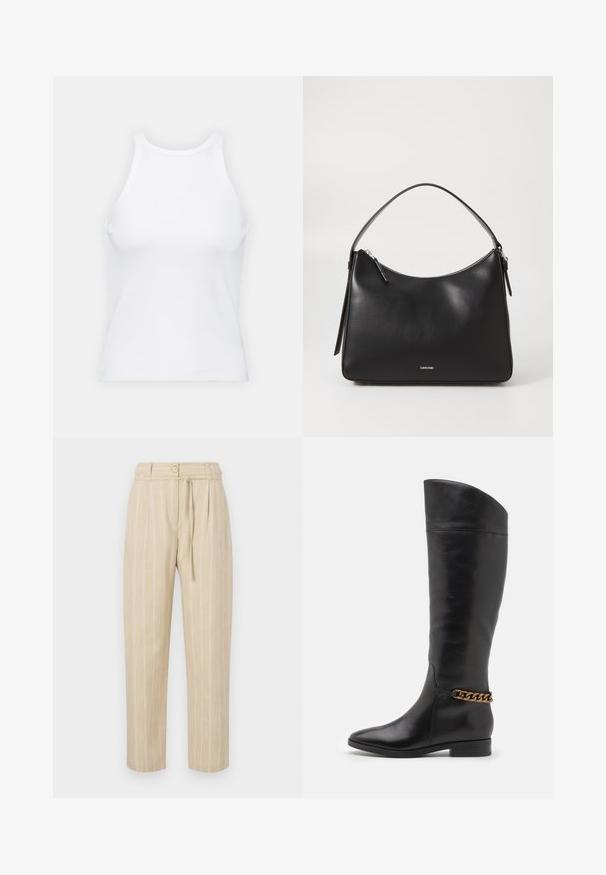 Baltas be rankovių marškinėlis, pagamintas iš išklotinės medžiagos, su apvaliu iškirpimu ir prigludusia siluetu, minimaliais siūlais ir be dekoracijų.; Šviesiai rudos dryžuotos kelnės su laisvu siluetu, su suspausta juosmena, mygtuko uždarymu ir raišteliu, pagamintos iš lengvos medžiagos.; Aukšti juodi odiniai batai su liekna forma, smailiu smaigaliu ir aukso grandinėlės akcentu ties kulkšnimi. Žemas bloko kulnas. Lygi tekstūra.; Juodas odinis petinis krepšys, turintis lygų paviršių, lenktą viršų, užtrauktuką ir subtilų logotipą priekyje. Jame yra viena plokščia rankena.