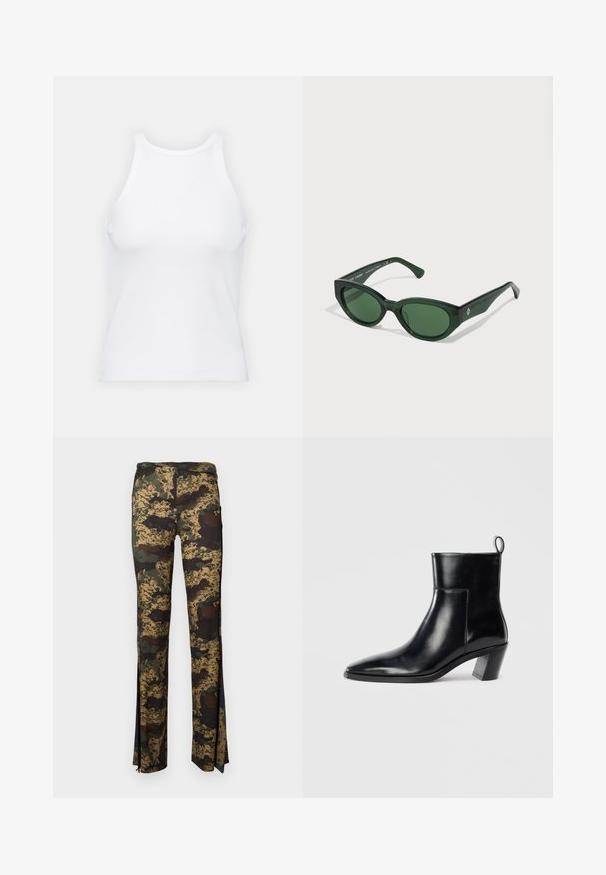 Balta bezpiedurkņu topiņš no ribotā auduma, ar noapaļotu kakla izgriezumu un pieguļošu siluetu, ar minimālām šuvēm un bez rotājumiem.; Kameru bikses zaļā un brūnā toņos, izgatavotas no elastīga auduma, ar sānu iegriezumiem apakšmalā, kas nodrošina papildu detaļu un kustību.; Melnas ādas potītes zābaki ar norādītu purngalu, ģeometrisku stieptu papēdi un cilpu aizmugurē. Gluda tekstūra un elegants dizains.; Zaļi saulesbrilles ar spīdīgu virsmu, taisnstūra formu un tumši zaļiem stikliem. Malās ir smalka logo.; Melnā ādas rokassoma ar zeltītu kaķa formas rokturi, ar priekšējo vāku, regulējamu siksnu un logo detaļu apakšējā priekšā.