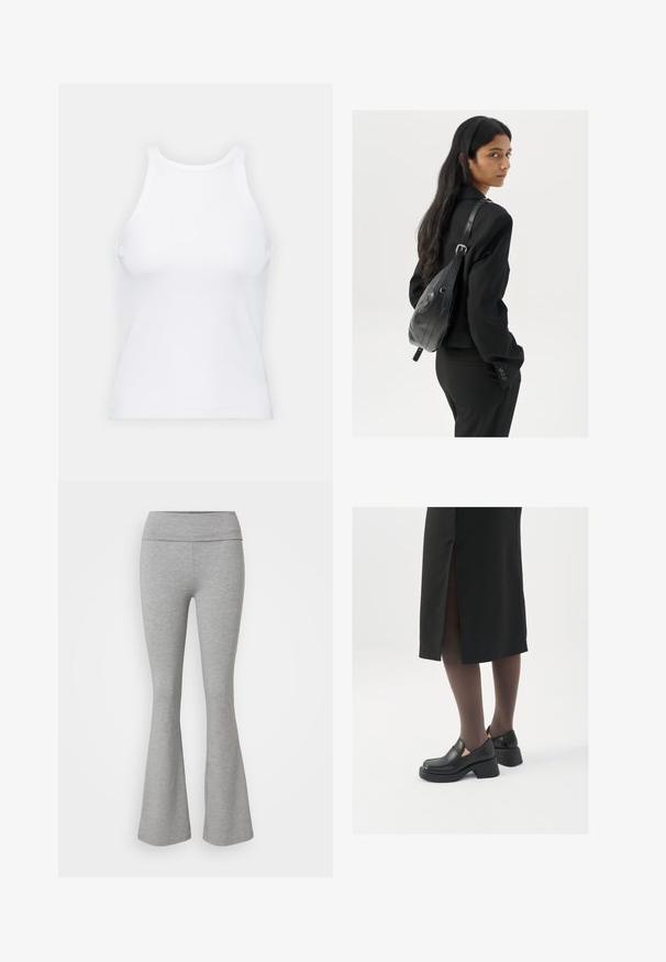 Fehér ujjatlan trikó ribbed anyagból, lekerekített nyakkivágással és testhez simuló siluettel, minimális varrásokkal és díszítések nélkül.; Szürke harangszárú leggings, puha pamutkeverék anyagból. Széles derékszíjjal és sima textúrával rendelkezik, amely kényelmes illeszkedést biztosít.; Fekete bőr cipők lekerekített orral, vastag blokk sarkakkal és elasztikus oldalsó díszítésekkel, sötét harisnyával és hasítékkal ellátott fekete szoknyával párosítva.; Hosszú, sötét hajú nő fekete öltönyben, fekete bőrtáskával a vállán, a vállán át néz a fehér háttér előtt.